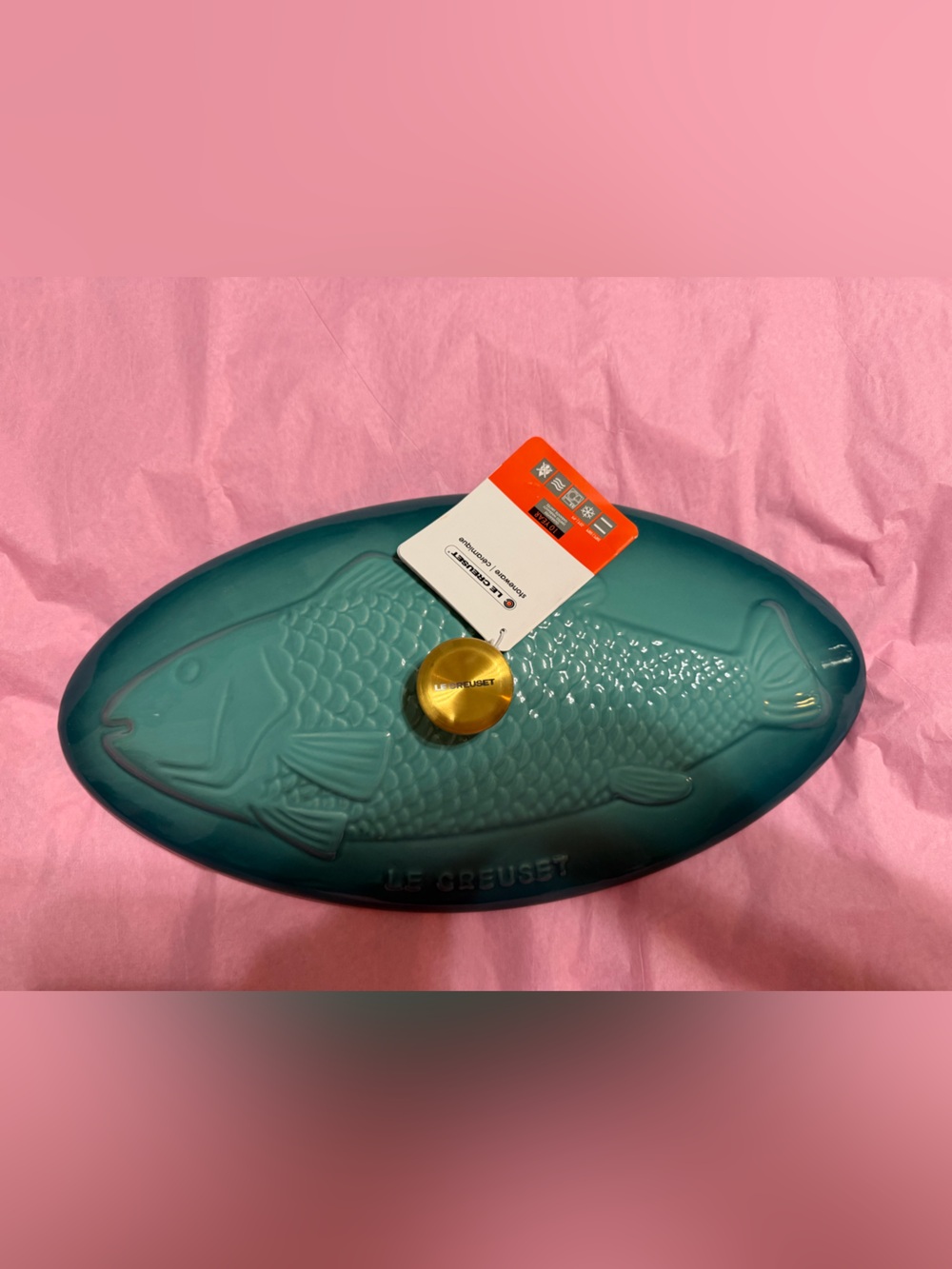 Le Creuset Teal Fish-Shaped Stoneware Covered Baker with Gold Knob